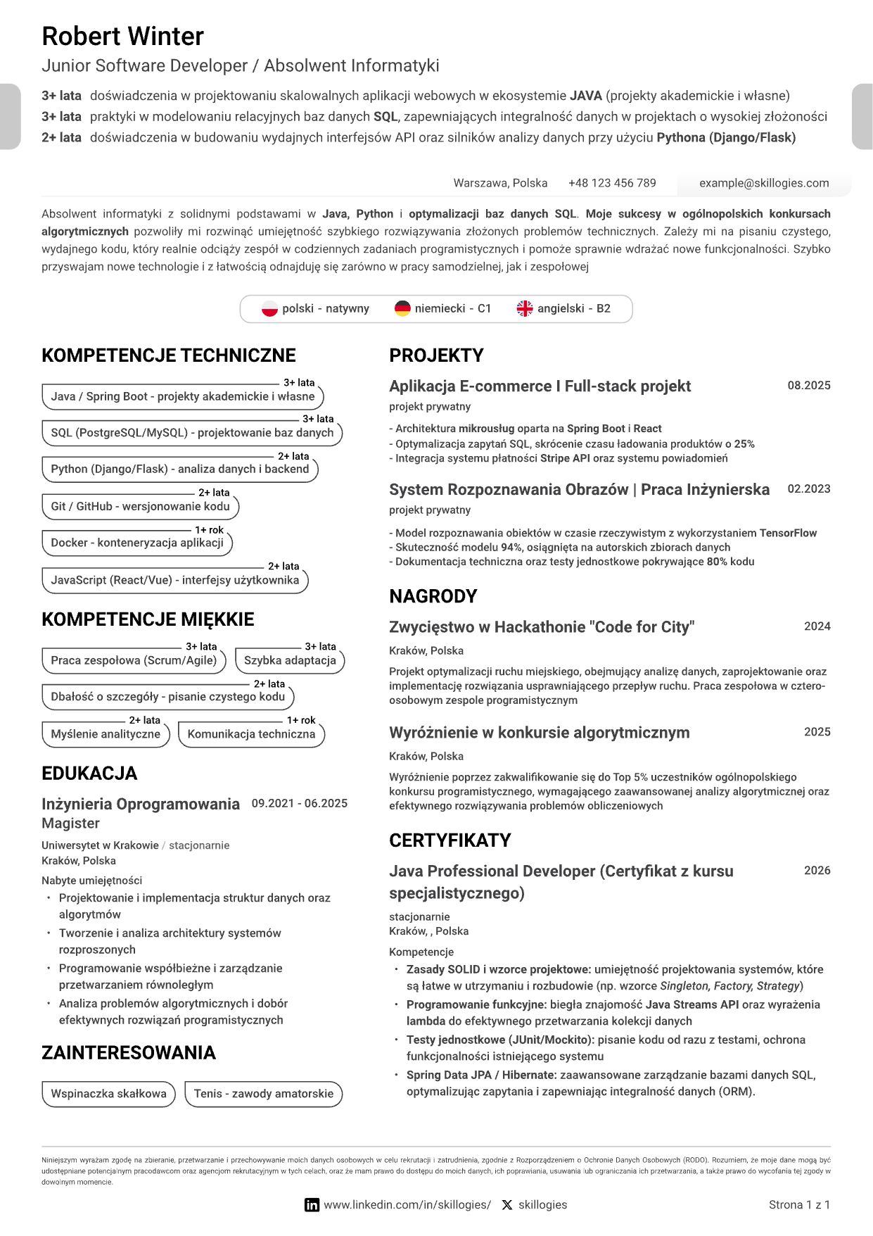 Szablon CV dla studenta bez doświadczenia zgodny ze standardami HR.
