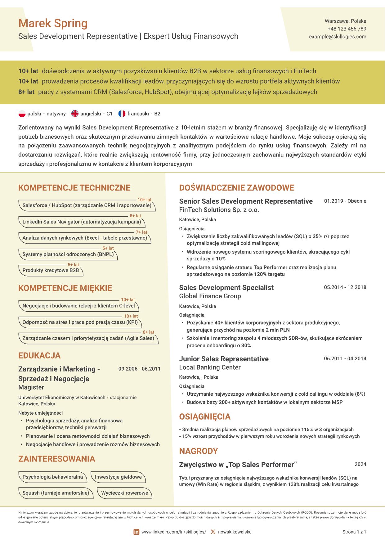 Przykład CV z profesjonalnym układem sekcji i czytelną czcionką