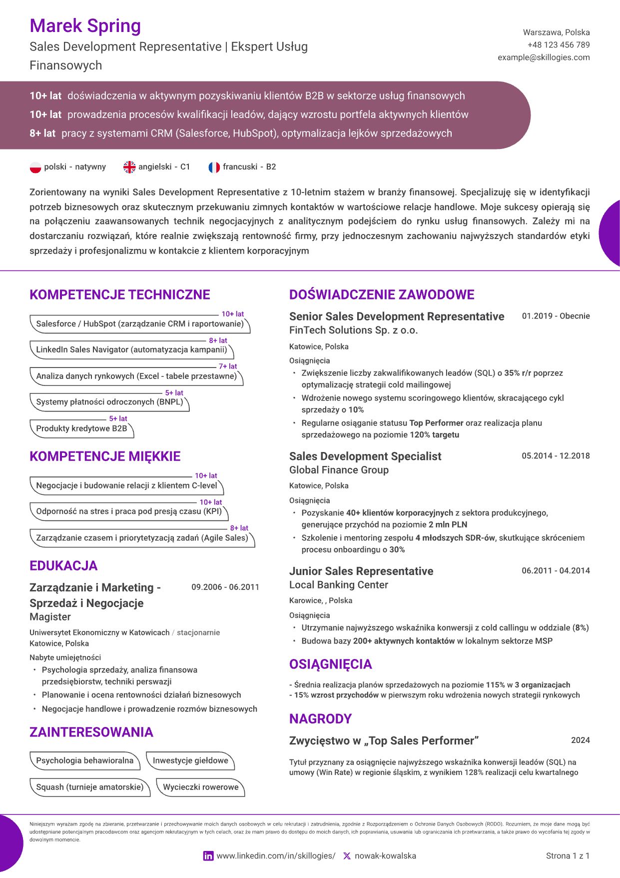 Nowoczesny wzór CV przyjazny dla systemów ATS stworzony w Skillogies