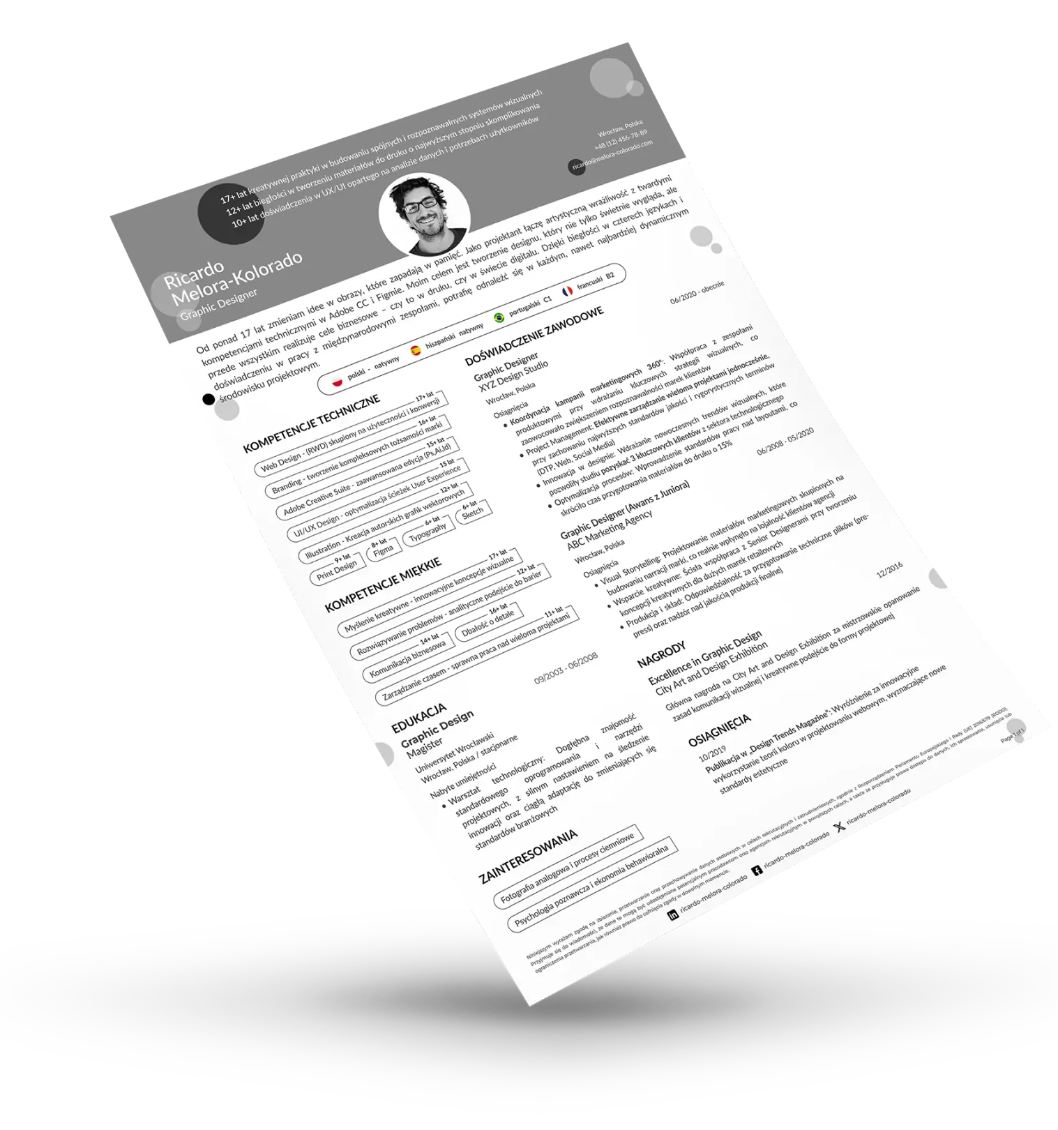 Nowoczesny szablon życiorysu dla grafika i artysty (creative CV).